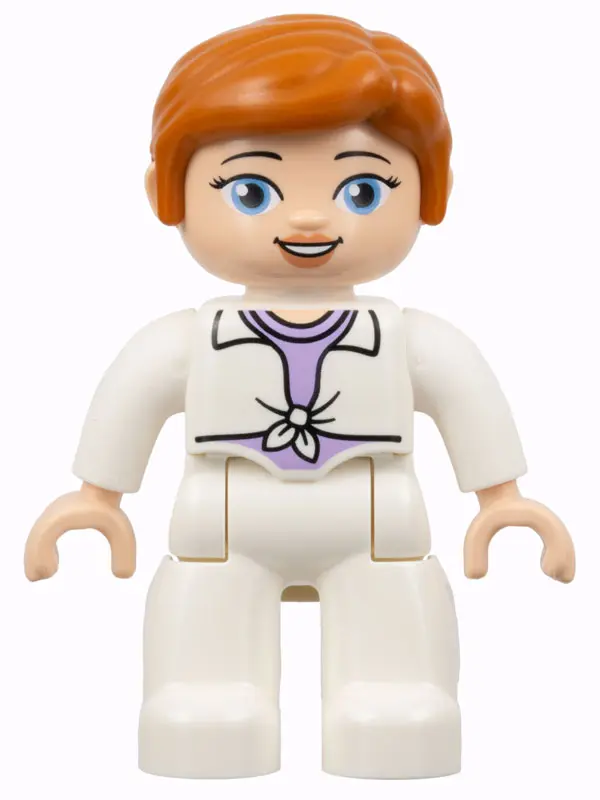 Duplo Figure Lego Ville, Female, White Legs, White Jacket Tied over Lavender Shirt, Dark Orange Hair