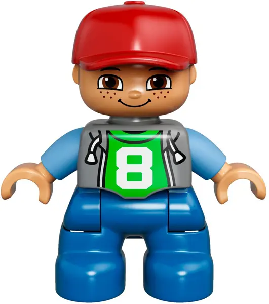 Duplo Figure Lego Ville, Child Boy, Blue Legs, Light Bluish Gray Top with Number 8, Medium Blue Arms