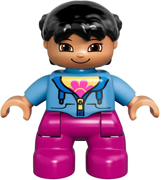 Duplo Figure Lego Ville, Child Girl, Magenta Legs, Medium Blue Jacket over Shirt with Flower, Black 