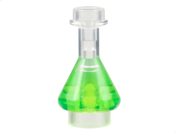 Trans-Clear Minifigure, Utensil Bottle, Erlenmeyer Flask with Molded Trans-Bright Green Fluid Patter