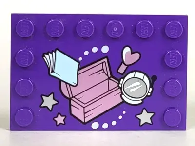 Dark Purple Tile, Modified 4 x 6 with Studs on Edges with Treasure Chest, Space Helmet, and Book Pat