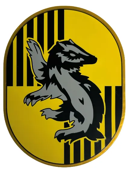 Pearl Gold Tile, Round 6 x 8 Oval with Hufflepuff Crest with Badger and Black Stripes on Yellow Back