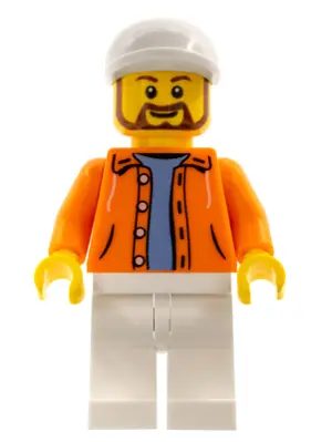 Hot Dog Vendor - Orange Jacket Hoodie over Medium Blue Sweater, White Legs, White Short Bill Cap, Be