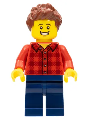 Race Fan - Male, Red Plaid Flannel Shirt, Dark Blue Legs, Reddish Brown Spiked Hair, Open Mouth Smil