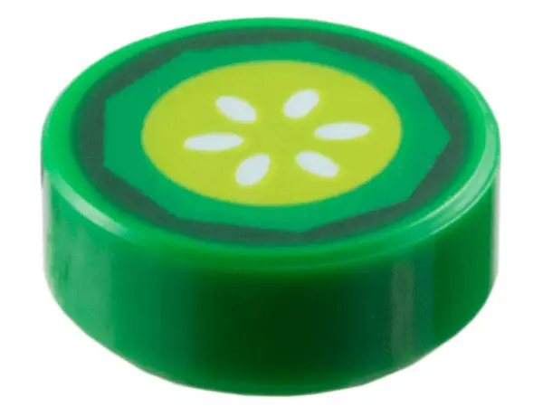 Green Tile, Round 1 x 1 with Dark Green, Lime and White Cucumber Slice Pattern
