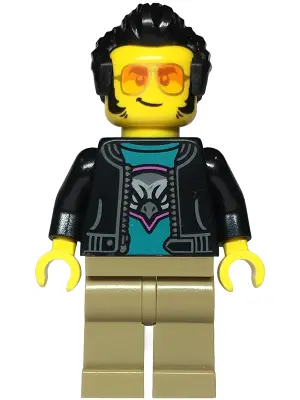 Sports Car Driver - Male, Black Jacket over Dark Turquoise Shirt with Hawk Head Logo, Dark Tan Legs,