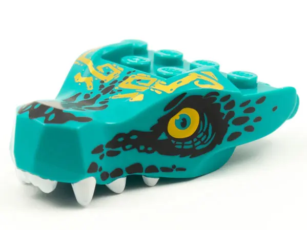 Dark Turquoise Dragon Head (Ninjago) Jaw with 2 Bar Handles on Back with Bright Light Orange Eyes, G