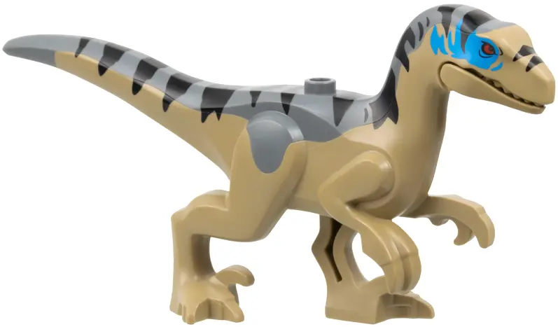 Tan Dinosaur Raptor / Velociraptor with Dark Bluish Gray Back, Black Stripes, Dark Azure Markings