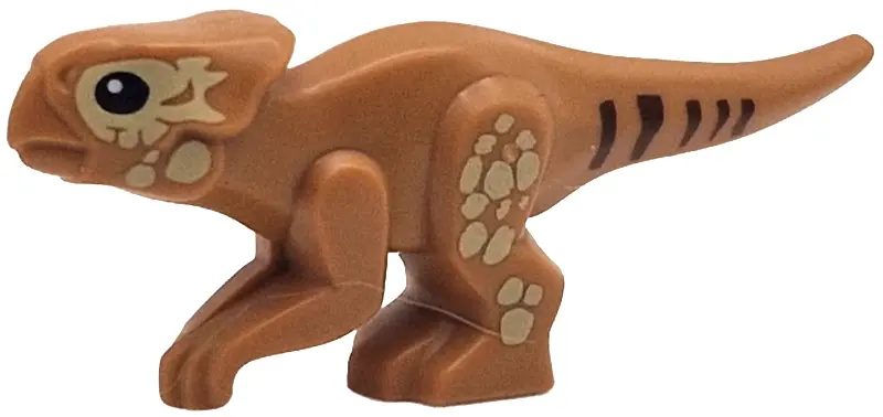 Nougat Dinosaur Aquilops Baby Standing with Tan Scales, Reddish Brown Stripes, and Black Eyes Patter