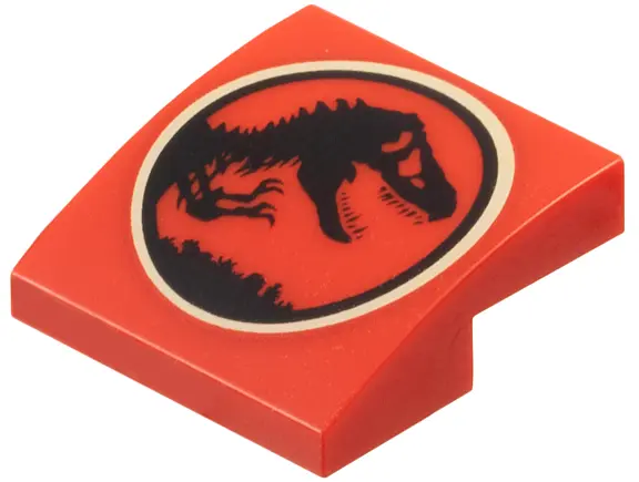 Slope, Curved 2 x 2 x 2/3 with Black Dinosaur in Tan Circle (Jurassic Park Logo) Pattern