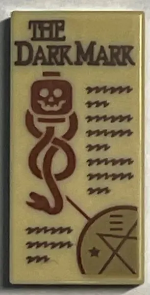 Tan Tile 1 x 2 with 'THE DARK MARK', Skeleton Head, Snake and Writing Pattern