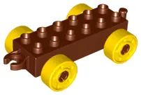 Reddish Brown Duplo Car Base 2 x 6 with Open Hitch End and Yellow Wheels with Fake Bolts