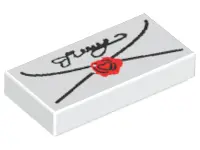 White Tile 1 x 2 with Envelope with Red Wax Seal and Black Script Pattern