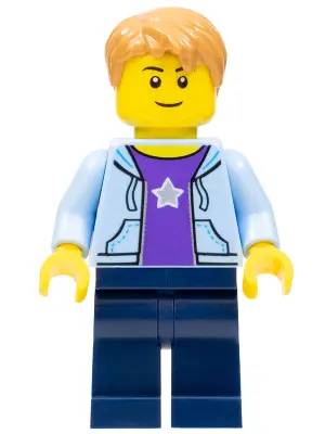 Boy, Bright Light Blue Hoodie with White Star, Dark Blue Legs, Medium Nougat Hair Short Tousled with