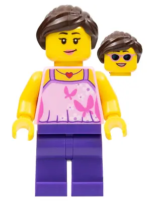 Girl, Bright Pink Top with Butterflies and Flowers, Dark Purple Legs, Dark Brown Hair Ponytail and S