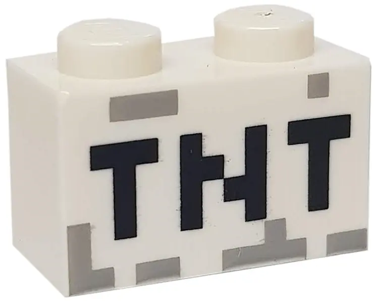 White Brick 1 x 2 with Black 'TNT' Pixelated Pattern
