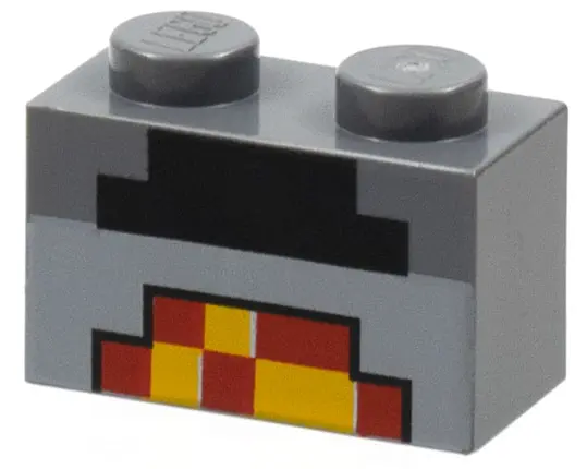 Dark Bluish Gray Brick 1 x 2 with Minecraft Pixelated Furnace Lit Pattern