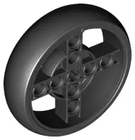 Black Wheel 56 x 14 Technic with Axle Hole and 8 Pin Holes with Molded Black Hard Rubber Tire Patter
