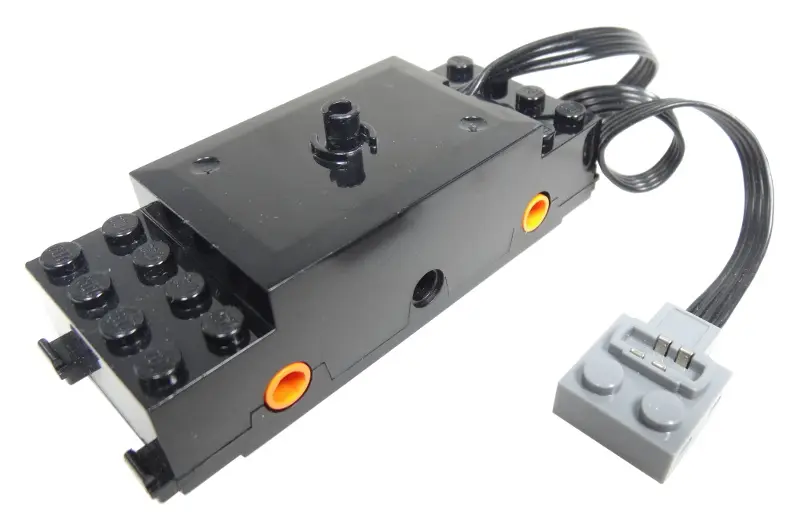 Black Electric, Train Motor 9V RC Train with Integrated PF Attachment, Orange Wheel Holders