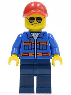 Blue Jacket with Pockets and Orange Stripes, Dark Blue Legs, Red Cap with Hole, Sunglasses, NO Back 