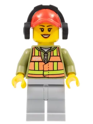 Light Orange Safety Vest, Light Bluish Gray Legs, Red Cap with Hole, Headphones, Peach Lips
