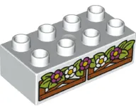 White Duplo, Brick 2 x 4 with Flowers and Leaves on Wooden Fence Pattern