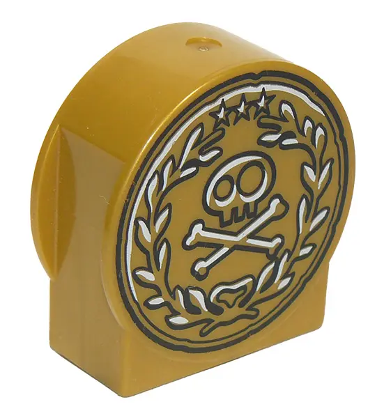 Pearl Gold Duplo, Brick 1 x 2 x 2 Round Top, Cut Away Sides with Skull and Crossbones in Laurel Wrea
