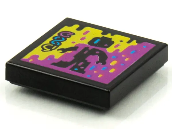 Black Tile 2 x 2 with BeatBit Album Cover - Black Minifigure in Yellow and Purple Splotches Pattern