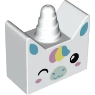 White Duplo, Brick 2 x 4 x 3 1/2 Ears on Sides and Horn with Unicorn Face Pattern