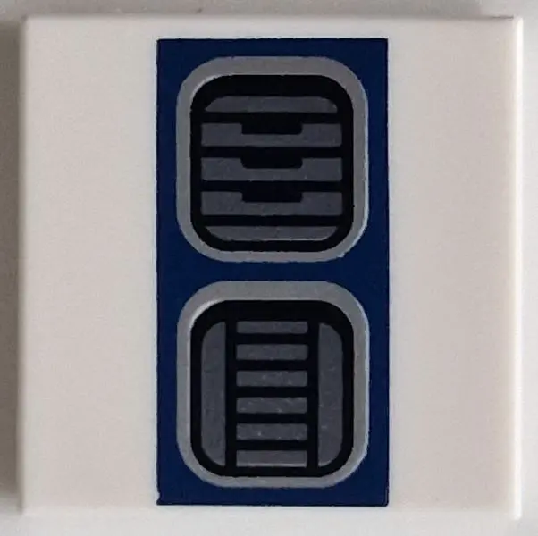 White Tile 2 x 2 with Dark Silver SW R2-D2 Astromech Droid Vents on Dark Blue Rectangle Pattern