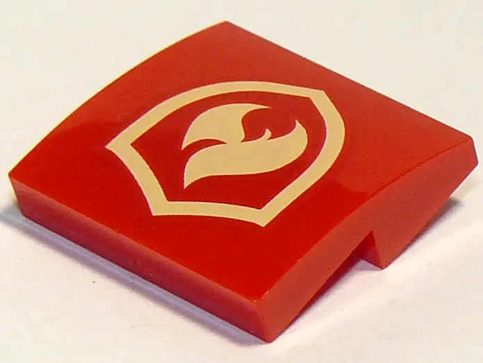 Red Slope, Curved 2 x 2 x 2/3 with Bright Light Yellow Fire Flame and Shield Badge Pattern
