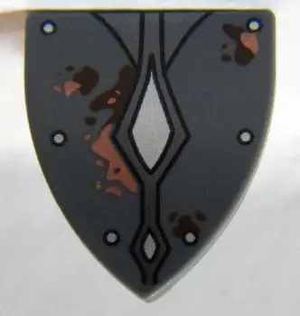 Dark Bluish Gray Minifigure, Shield Triangular Short with Silver Rivets and Diamonds, Rust and Dirt 