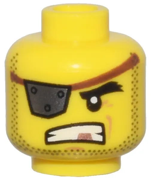 Yellow Minifigure, Head Dark Silver Eye Patch with Rivets, Bared Teeth with Copper Tooth, Stubble Pa