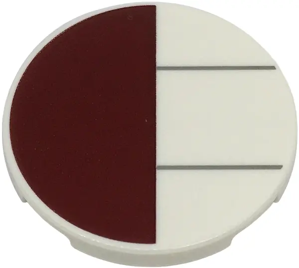 White Tile, Round 3 x 3 with Dark Red Half Circle and Dark Bluish Gray Lines Pattern