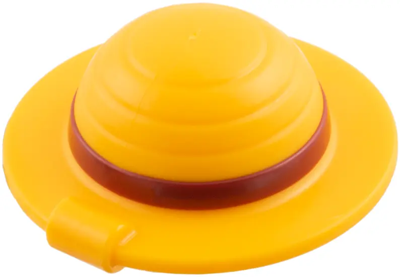 Light Orange Minifigure, Headgear Straw Hat with Bar Handle with Molded Dark Red Band Pattern