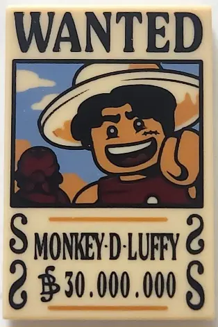 Tile 2 x 3 with Wanted Poster with Black 'WANTED' 'MONKEY-D-LUFFY' (Berry) '$30.000.000' Pattern