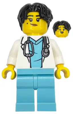 - Female, White Lab Coat with Stethoscope, Medium Azure Scrubs, Black Hair