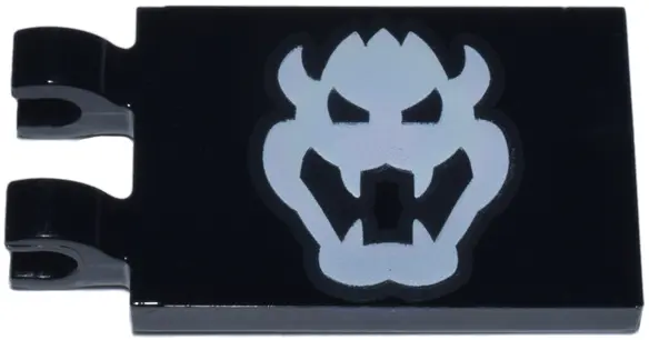 Black Tile, Modified 2 x 3 with 2 Clips with White Bowser Head Pattern