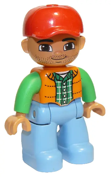 Duplo Figure Lego Ville, Male, Medium Blue Legs, Orange Vest, Dark Green Plaid Shirt, Bright Green A