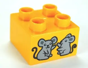 Bright Light Orange Duplo, Brick 2 x 2 with 2 Mice Pattern