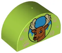 Lime Duplo, Brick 2 x 4 x 2 Slope Curved Double with Deer Head in Circle and Paw Prints Pattern