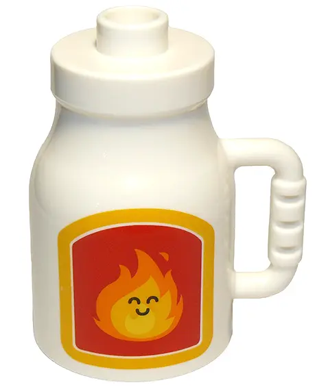 White Duplo Utensil Milk Bottle with Handle with Fire with Face on Red and Bright Light Orange Label