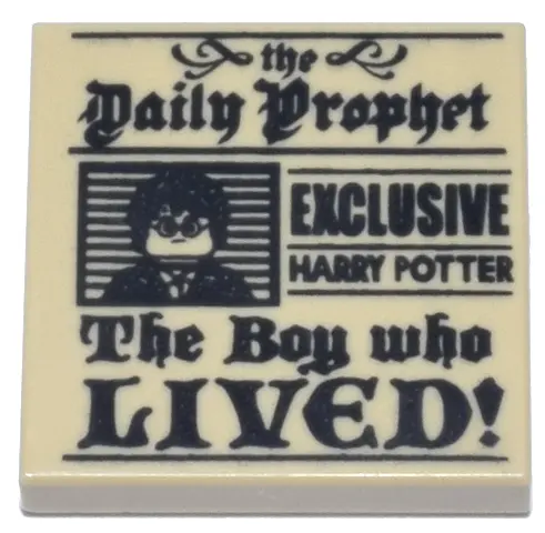 Tan Tile 2 x 2 with Newspaper, 'the Daily Prophet', 'EXCLUSIVE HARRY POTTER', 'The Boy who LIVED!', 