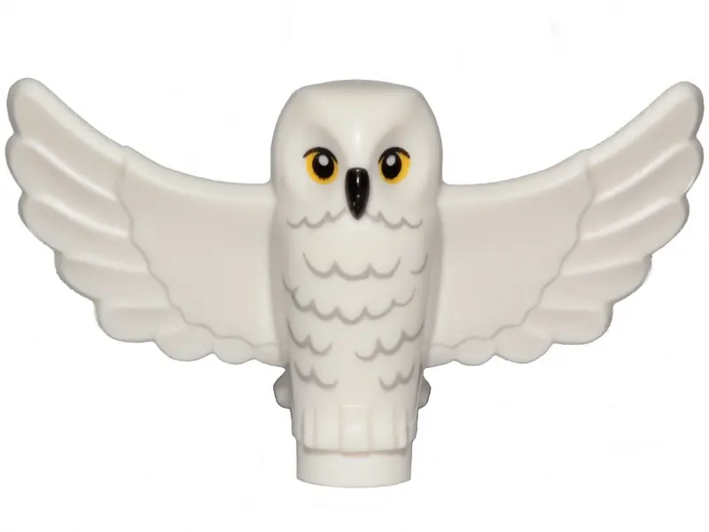 White Owl, Spread Wings with Black Beak, Yellow Eyes, Light Bluish Gray Rippled Chest Feathers Patte
