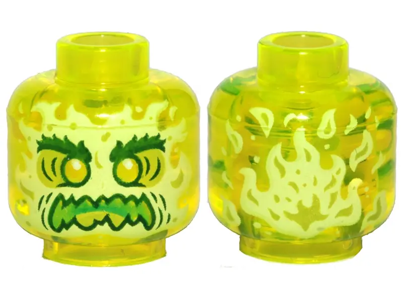 Trans-Neon Green Minifigure, Head Alien Ghost with Yellowish Green Face, Dark Green Bushy Eyebrows, 