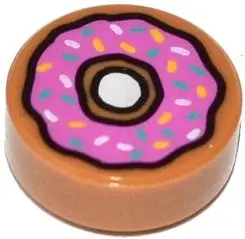 Medium Nougat Tile, Round 1 x 1 with Donut / Doughnut with Dark Pink Frosting and Sprinkles Pattern