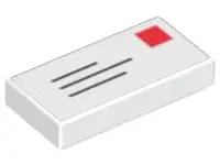 White Tile 1 x 2 with Blue Lines and Red Square Pattern (Mail Envelope with Stamp)