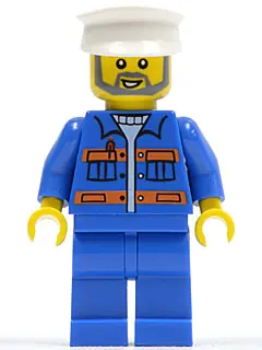 Blue Jacket with Pockets and Orange Stripes, Blue Legs, White Hat, Gray Beard