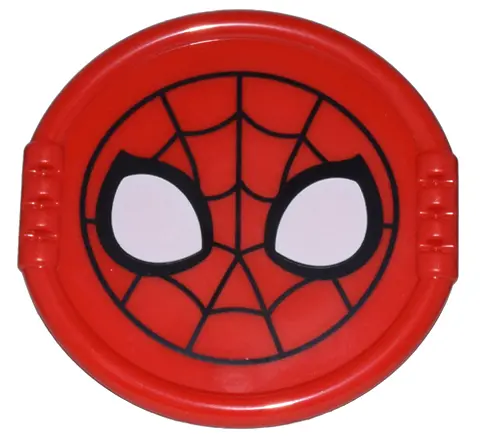 Red Duplo Utensil Disk with Spider-Man Mask with Large White Eyes on Black Webbing Pattern