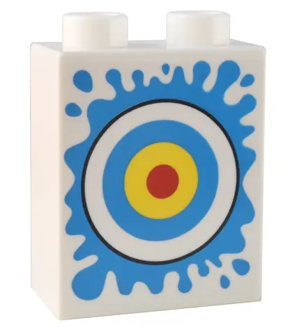 White Duplo, Brick 1 x 2 x 2 with Dark Azure, Yellow, and Red Bullseye and Splash Pattern
